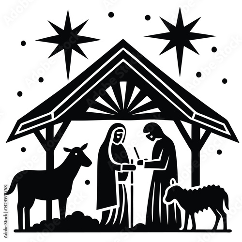 Nativity Scene Simple Black and White Icon