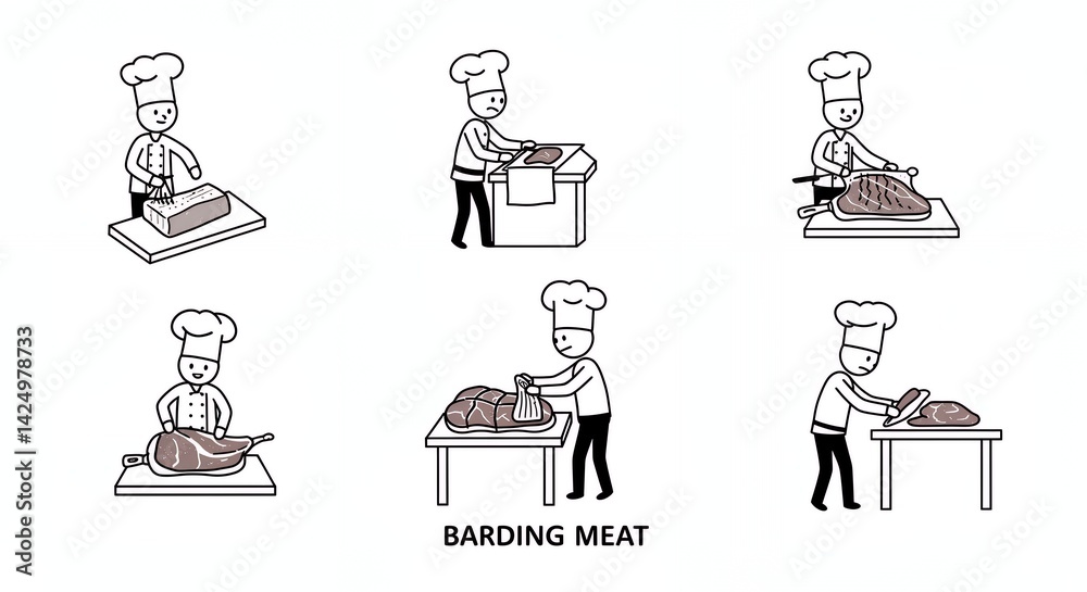 Obraz premium Stick Figure Chef Barding Meat Process Black and White Illustration on a Clean White Background Demonstrating Culinary Steps for Food Preparation