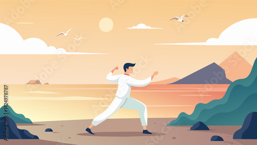The morning mist surrounds a solitary Tai Chi practitioner as they flow through their routine on a deserted beach the only sounds being their own. Vector illustration