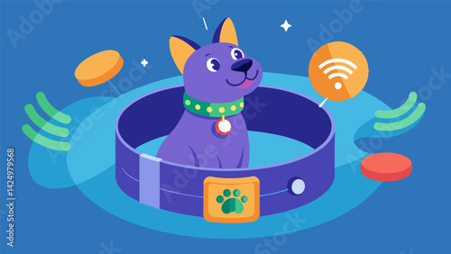 A smart collar that tracks your pets activity levels and sends reminders to their designated feeding station.. Vector illustration