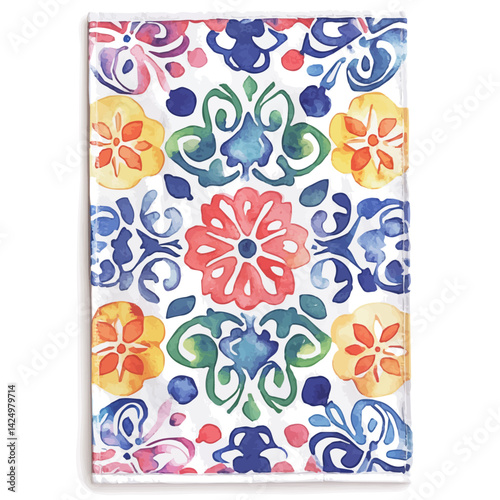 Hand towel with decorative patterns, watercolor illustration, isolated on a white background.

