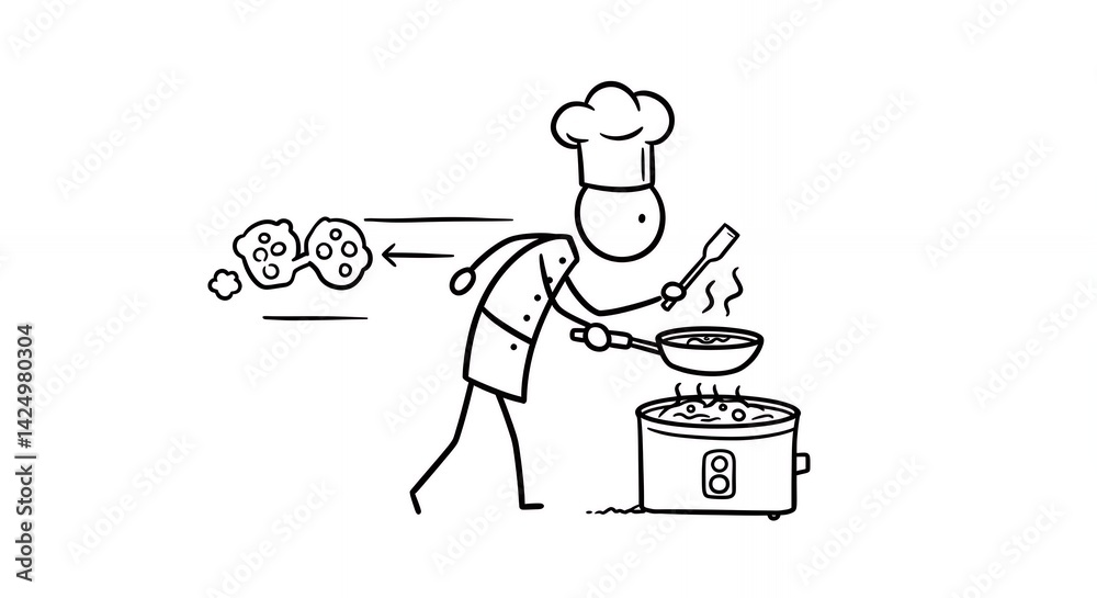 Stick Figure Chef Cooling Food Rapidly in Black and White Over a Cooking Pot Illustration Stick Figure Chef Cooling Food Rapidly in Black and White Over a Cooking Pot Illustration