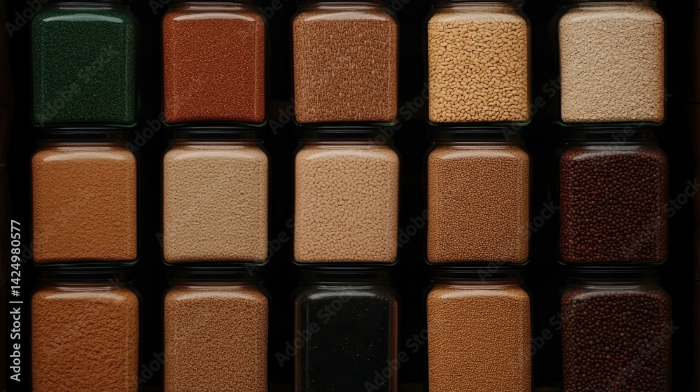 Fototapeta premium A collection of jars filled with various materials, showcasing a range of colors and textures, arranged neatly in rows against a black background.