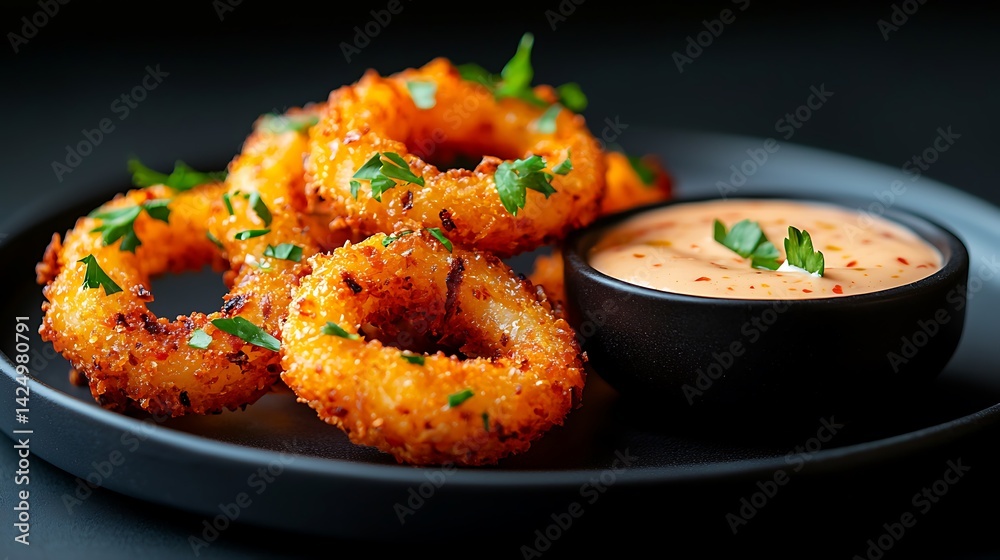 Overhead View of Crispy Golden Onion Rings with Spicy Dip Overhead View of Crispy Golden Onion Rings with Spicy Dip