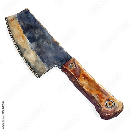 Hand saw with wooden handle, watercolor illustration, isolated on a white background.

