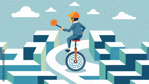 A unicycle rider skillfully navigates through a chaotic maze representing the obstacles and distractions the media must navigate to find the truth..