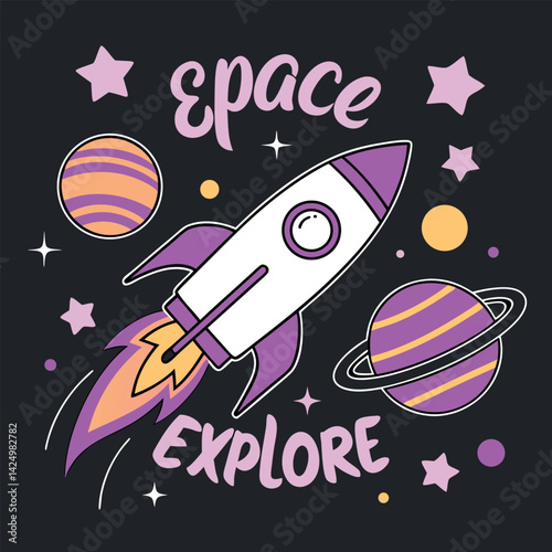 Space Explore T-Shirt: Rocket and Planets Graphic Tee.