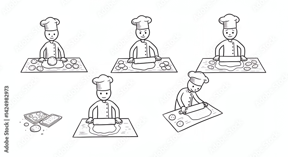 Stick Figure Chef Rolling Out Dough Black and White Outline Illustration on White Background Stick Figure Chef Rolling Out Dough Black and White Outline Illustration on White Background