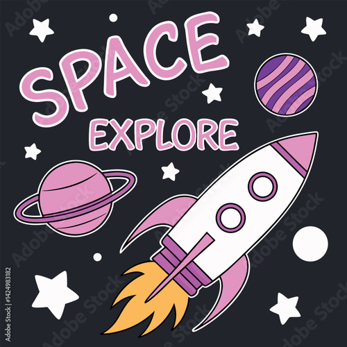 Space Explore T-Shirt: Rocket and Planets Graphic Tee.