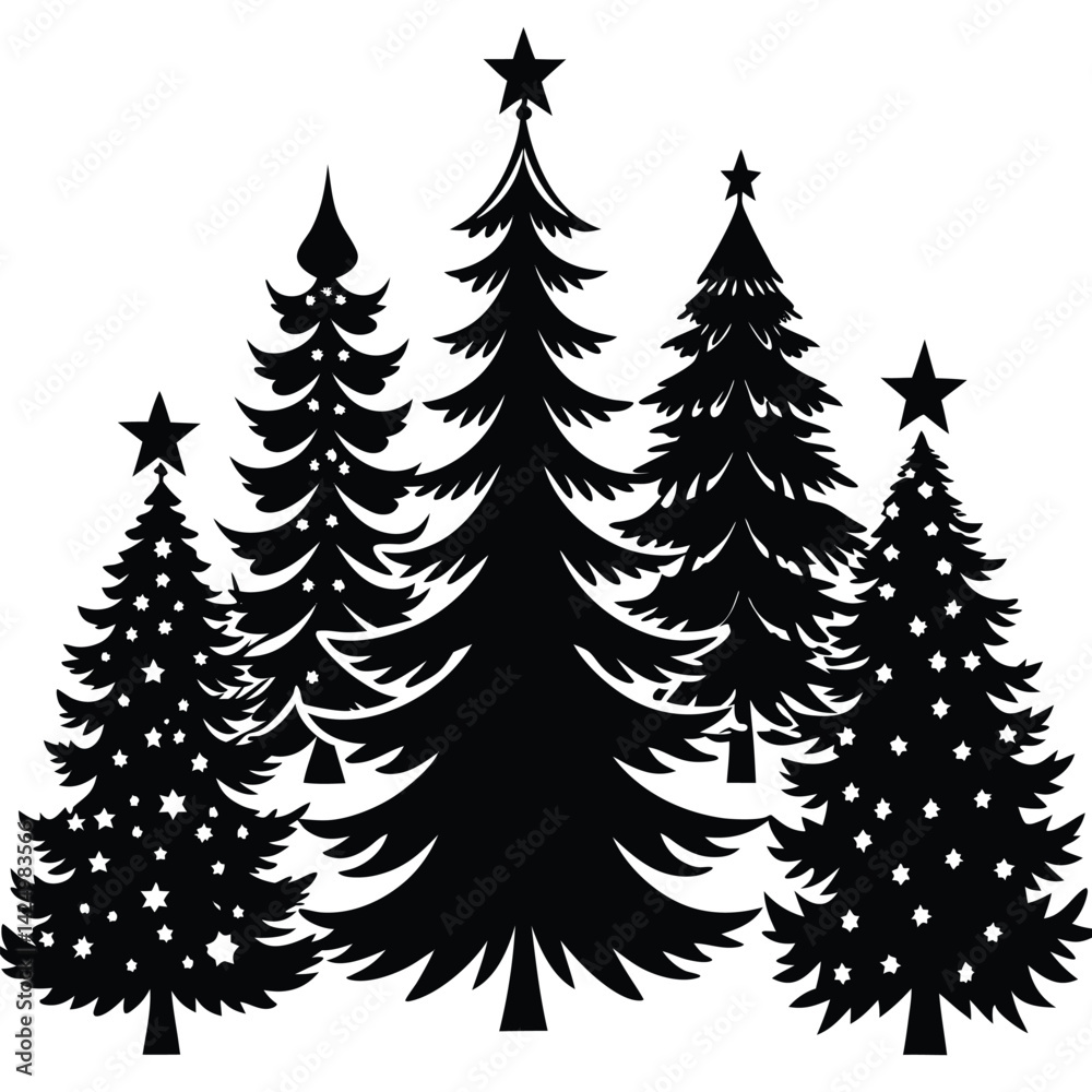 Obraz premium Silhouette of Four Christmas Trees with Stars