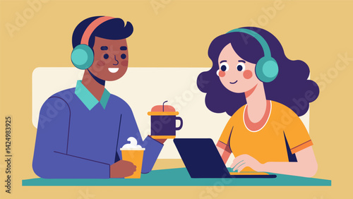 A pair of young coworkers sharing headphones on their lunch break bonding over their favorite indie band. Vector illustration