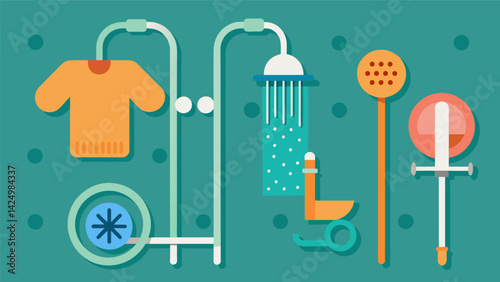 Genderneutral s with accessible showers grab bars and detachable showerheads for users of all abilities.. Vector illustration