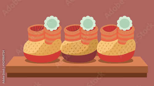 A display of handknitted baby booties made from organic naturallydyed wool.. Vector illustration