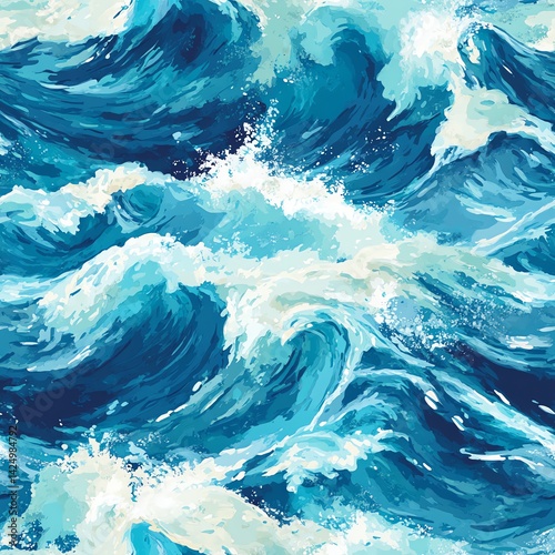 Ocean Waves Crashing with White Foam and Blue Water Illustration