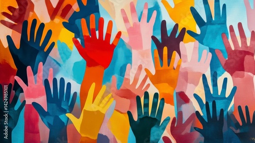 Colorful illustration of many hands raised in the air, symbolizing unity, diversity, and participation.