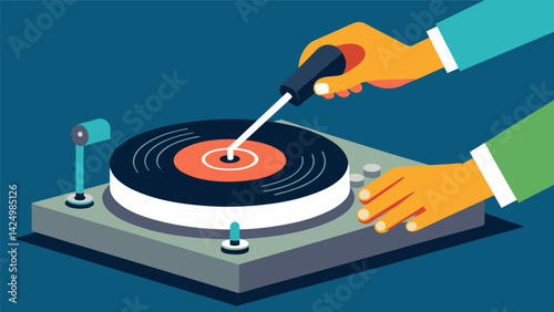 A hand holding a screwdriver carefully tightens a bolt on the turntable base while a second hand adjusts the tonearm. Vector illustration