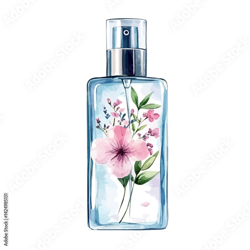 Hand cream bottle with floral scent, watercolor illustration, isolated on a white background.


