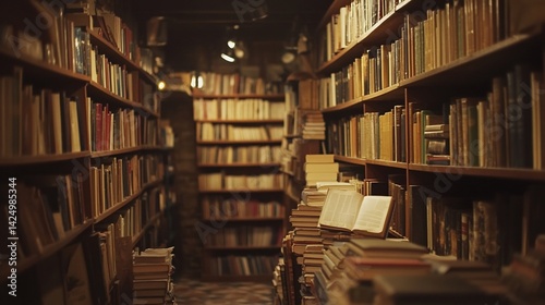 Antiquarian bookshop aisle, dimly lit, old books stacked