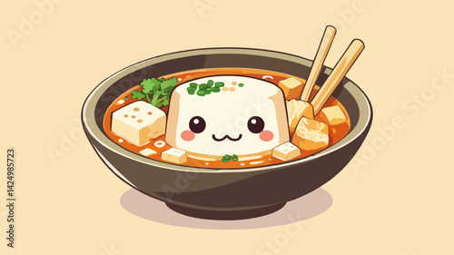 Chibi Miso Soup Vector Icon – Cute Kawaii Japanese Soup Bowl with Tofu and Scallions