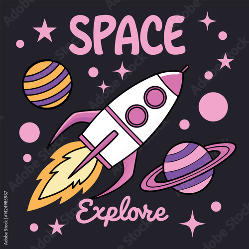 Space Explore T-Shirt: Rocket and Planets Graphic Tee.