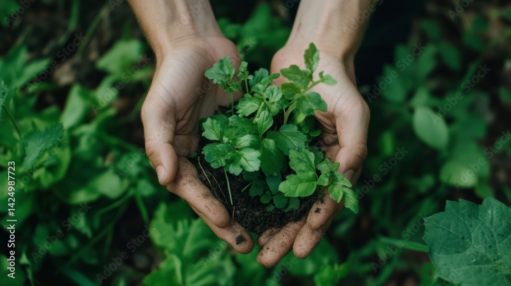 Hands gently cradling a young plant with soil, surrounded by lush greenery.