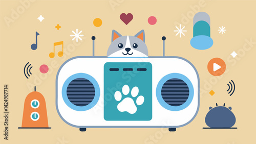 The perfect solution for pets who fear loud noises this sound machine provides a variety of calming tones and music to help them feel safe and secure.. Vector illustration