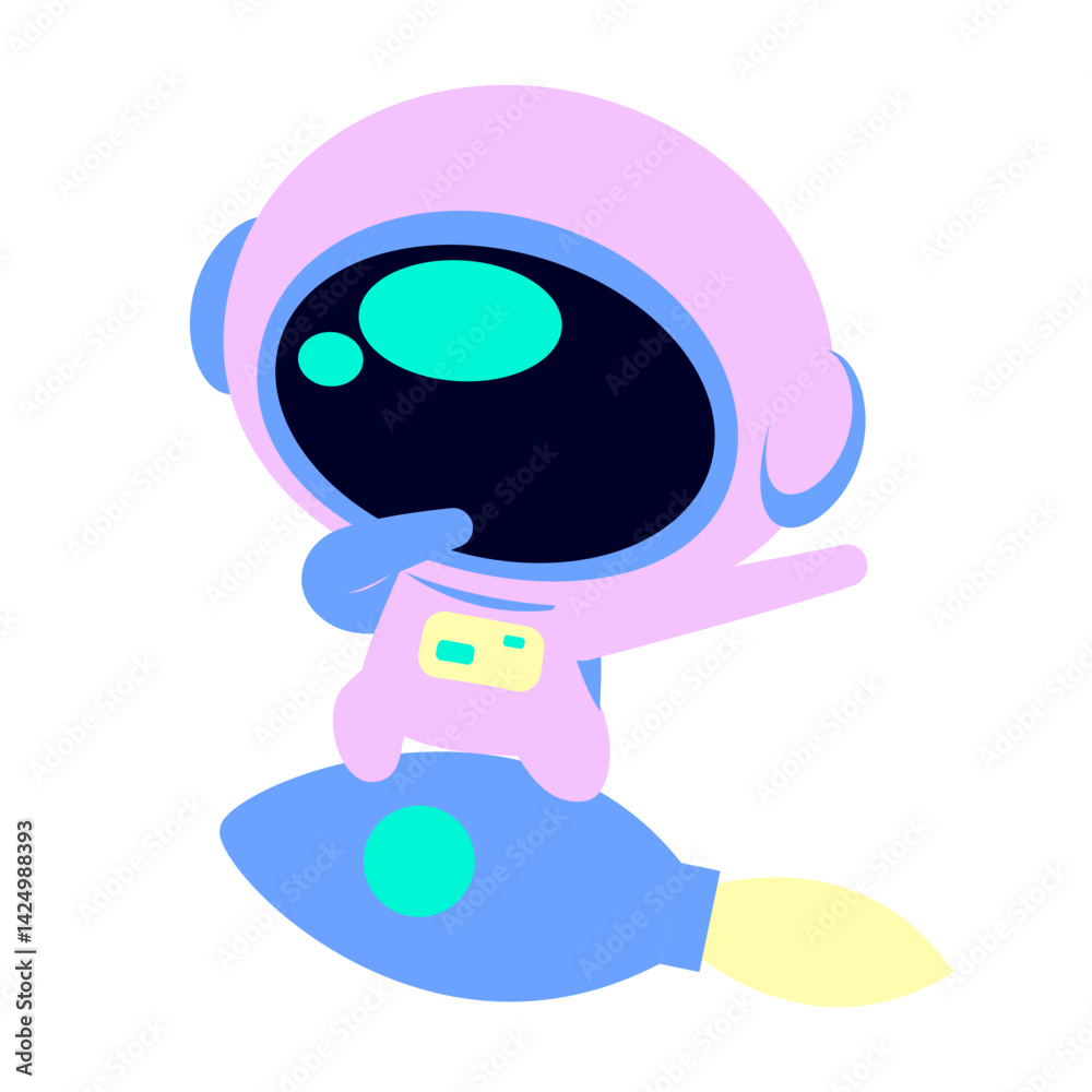 Obraz premium Flat illustration of a cute astronaut riding a rocket in pastel colors. Ideal for space adventures, futuristic mascots, kids graphics, or playful educational themes.