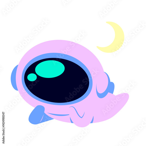 Cute purple astronaut sleeping peacefully under crescent moon. Perfect for dreamy space-themed designs, children’s illustrations, bedtime stories, or educational visuals.