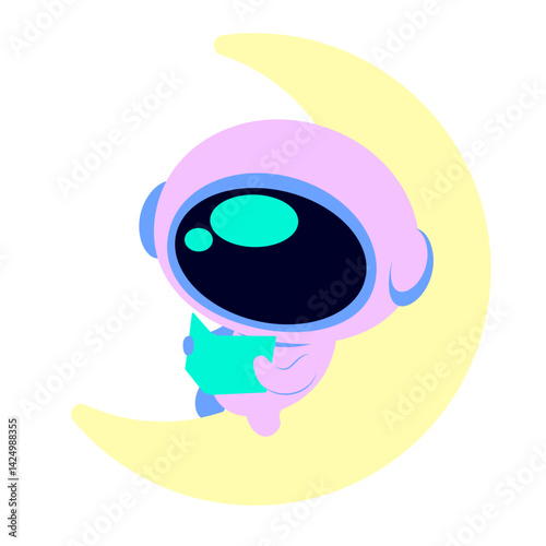Charming purple astronaut sitting on a glowing moon while reading, ideal for bedtime stories, dream-themed designs, or peaceful space character concepts.