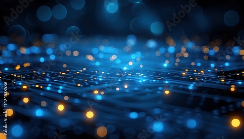 A computer chip with blue and orange lights