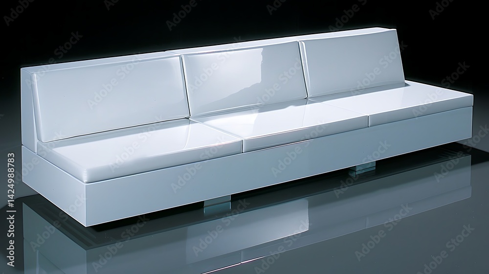 Sleek modern white sofa with reflective surface in minimalist interior space Sleek modern white sofa with reflective surface in minimalist interior space