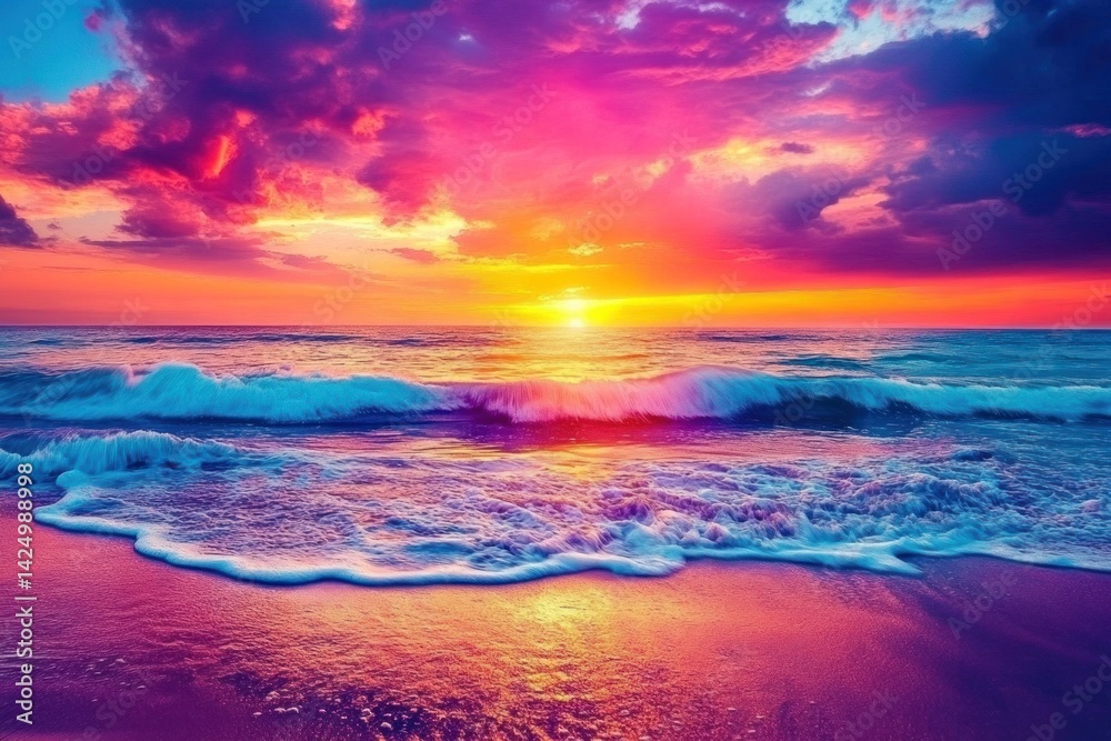Fototapeta premium Vibrant Sunset Seascape; Waves Crashing on Beach; Dramatic Colorful Sky. Possible use Wallpaper, prints, greeting cards