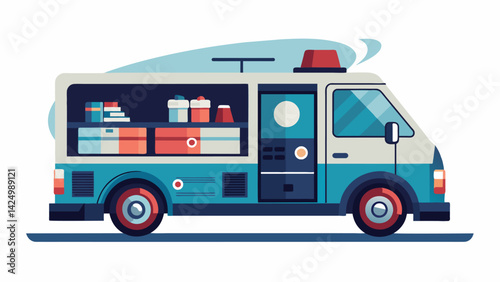 A modern and sleek mobile vinyl van with a futuristic exterior and a digital turntable setting up at corporate events and offering professionals a Vector illustration