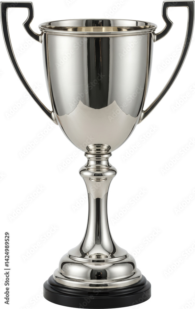 Shiny silver trophy cup on dark base
