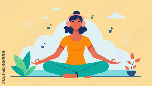 The combination of yoga and music becomes a powerful form of meditation allowing participants to quiet their minds and find inner stillness.. Vector illustration
