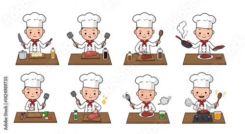 Collection of Pixel Art Style Stick Figure Chefs Cooking with Kawaii Style on Wooden Counters Isolated on White Background