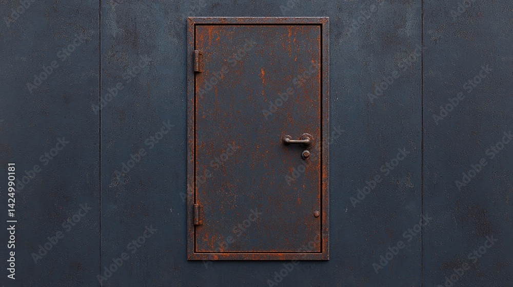 Fototapeta premium A weathered, rust-colored door stands against a dark blue wall, showcasing its aged texture and metal features.