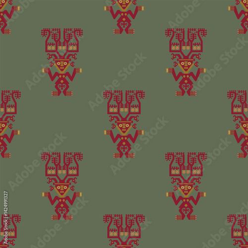 Seamless ethnic pattern with ancient Peruvian indigenous design. Fantastic human figurines with antlers or headgears from Chimu textile.