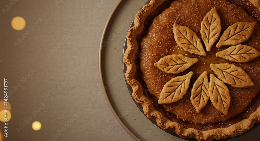 Homemade Pie with Leaf Crust Design on Plate