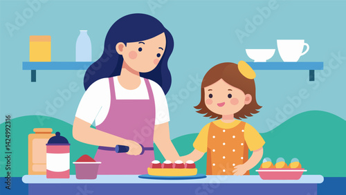 A mother teaching her daughter how to bake a cake from scratch passing on traditional domestic skills and emphasizing the power of nurturing..