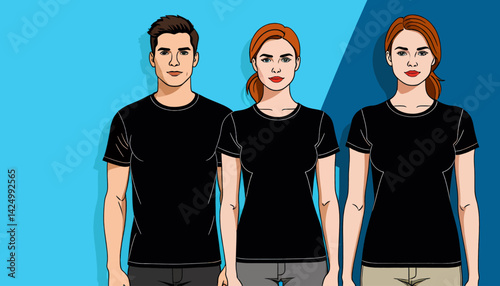 Black T_Shirt Mockup Featuring Man and Women_Design Template for Apparel_Perfect for Clothing Brands_Showcase Your Designs on Diverse Models