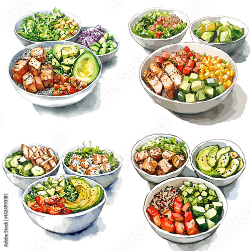 Realistic watercolor poke bowl and salad bowl illustrations with fresh vegetables, avocado, tofu, chicken, and grains. Ideal for healthy food campaigns and menu designs.


