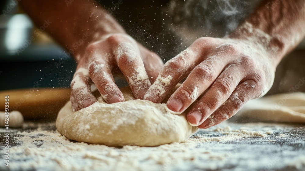 Skilled hands kneading dough with flour, creating a delicious bread. Skilled hands kneading dough with flour, creating a delicious bread.