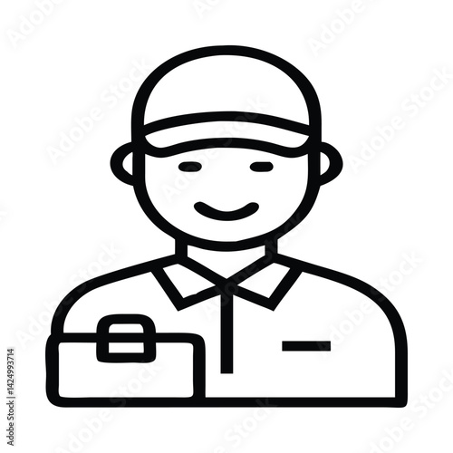 Cartoon Line Art Handyman with Toolbox – Simple Monochrome Character Illustration