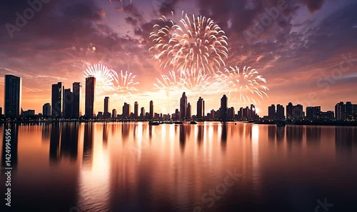 Fireworks over cityscape reflecting on water at sunset.