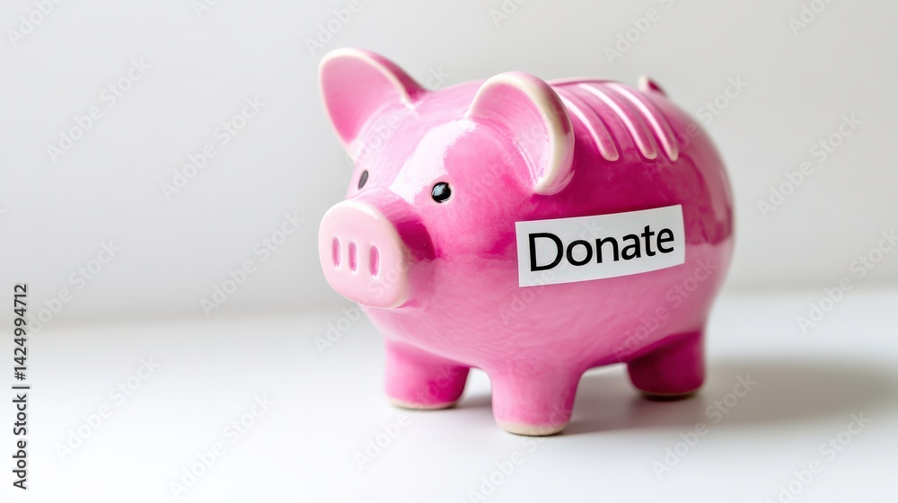 Obraz premium Cute Pink Piggy Bank with Donate Label on White Background