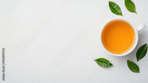 Wallpaper Mural A minimalistic scene featuring a cup of orange tea surrounded by green tea leaves on a clean, white surface. Torontodigital.ca