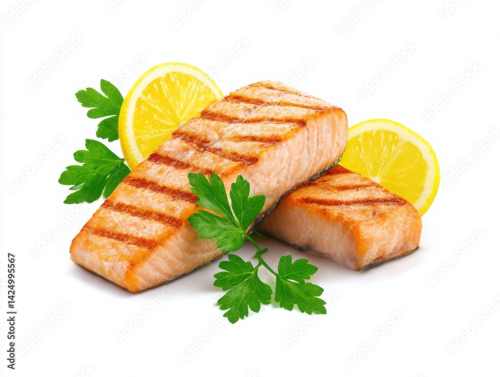 Grilled salmon with lemon and parsley isolated on white background Grilled salmon with lemon and parsley isolated on white background