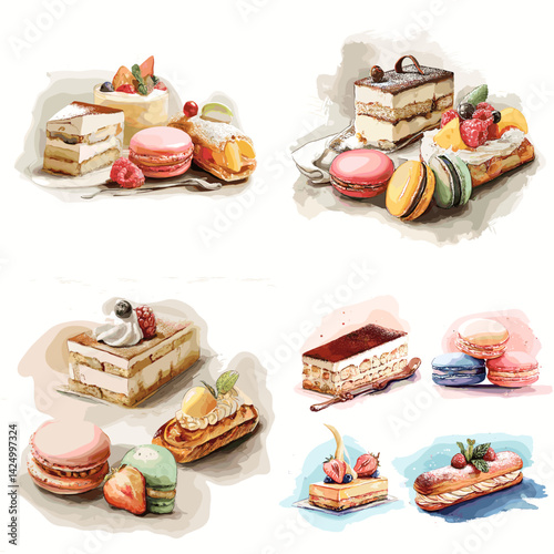 Watercolor-style illustrations of French desserts including layered cakes, eclairs, and colorful macarons—ideal for pastry menus, packaging, or elegant culinary content.

