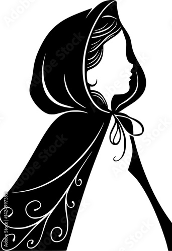 Vintage Silhouette Vector of a Girl in Red Riding Hood Costume with Floral Details – Classic Fairy Tale Inspired Design in Black and White